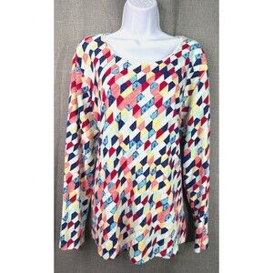 Karen Scott Women's Long Sleeve Knit Top Plus Size 2X Multicolor Mosaic Print